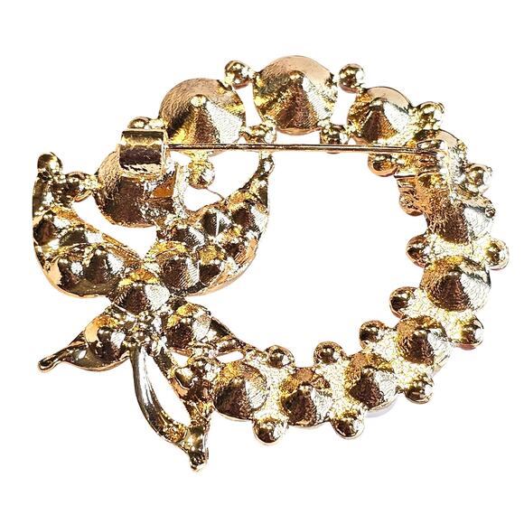 Crystal Brooch Pin Faux Pearl Rhinestone Butterfly Gold Tone Wreath Gift Box - Picture 5 of 8